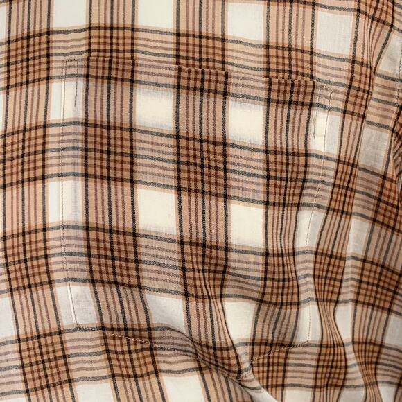 DRIES VAN NOTEN Size M Cream Brown Black Plaid Cotton Sheer Short Sleeve Shirt - Picture 2 of 7